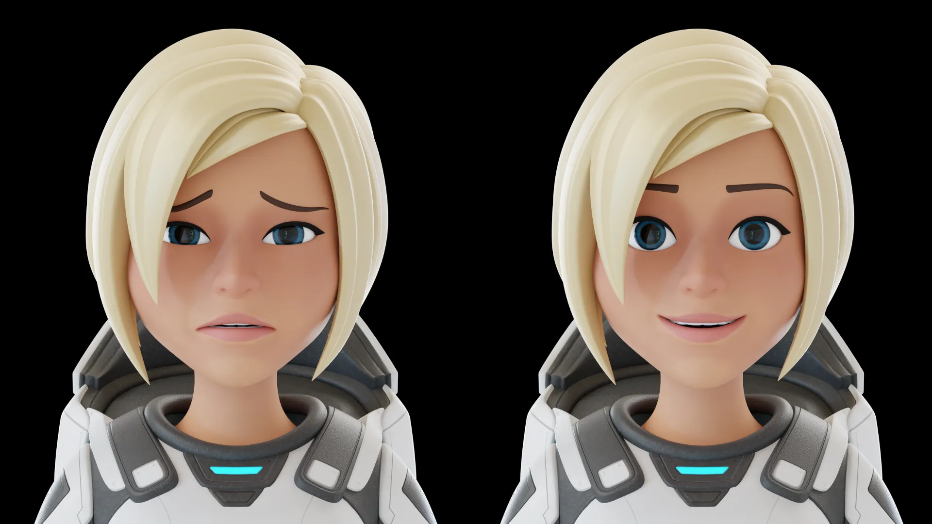 Cartoon Female Astronaut facial expression preview with laughing and neutral mouth shapes